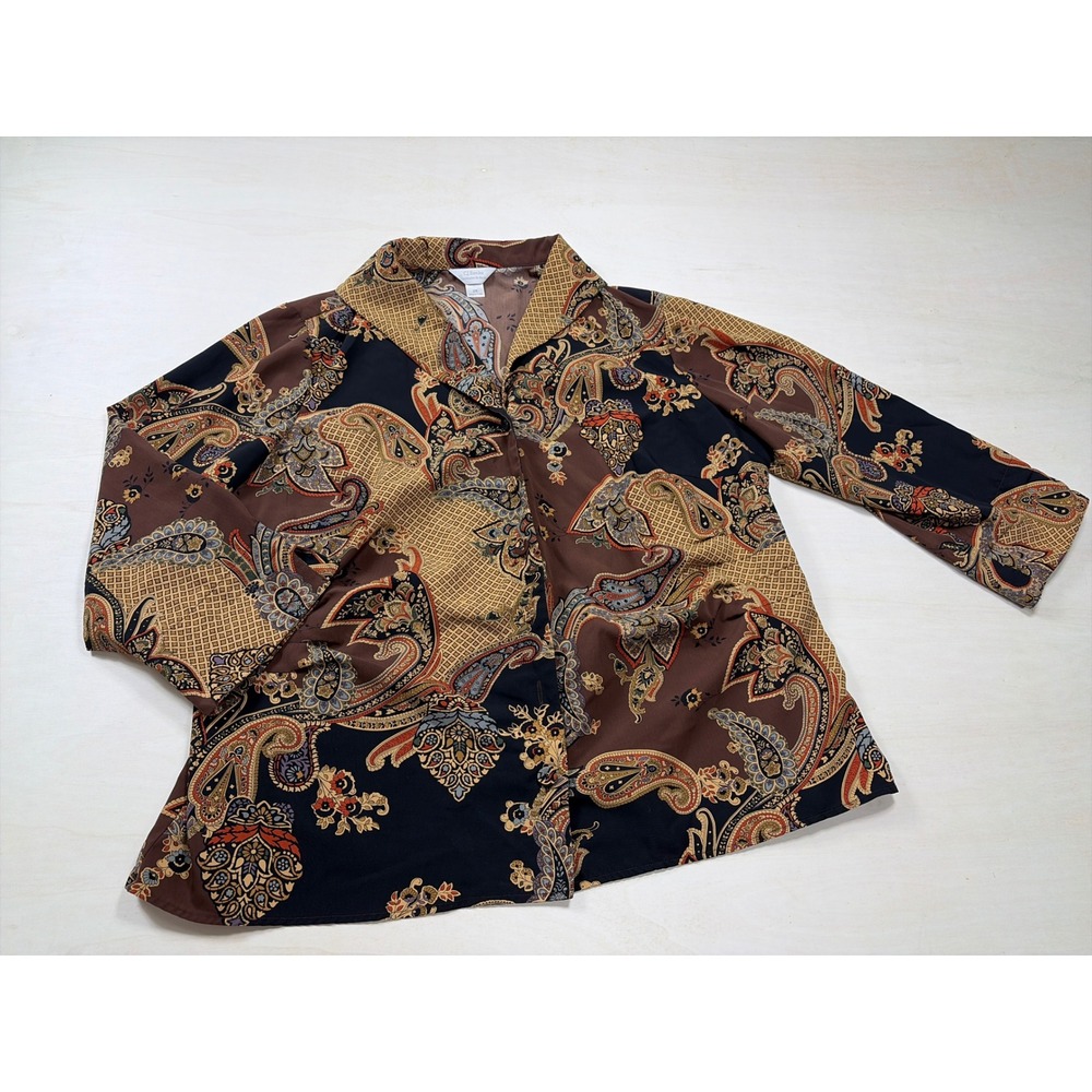 CJ Banks Paisley Print Button Down Shirt Brown Navy Gold Plus Size 2X
